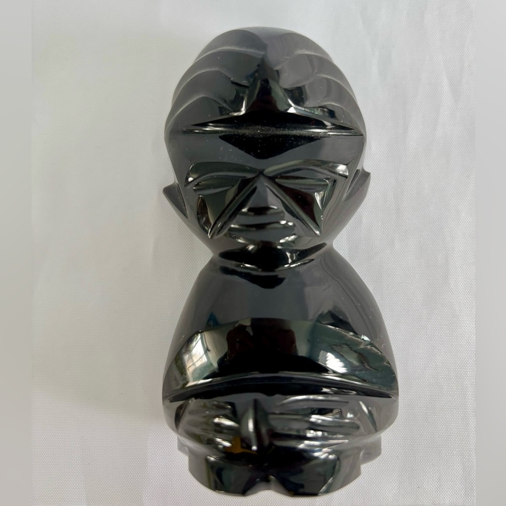 Vintage Black Gold Sheen Obsidian Carved Mayan Aztec Figurine